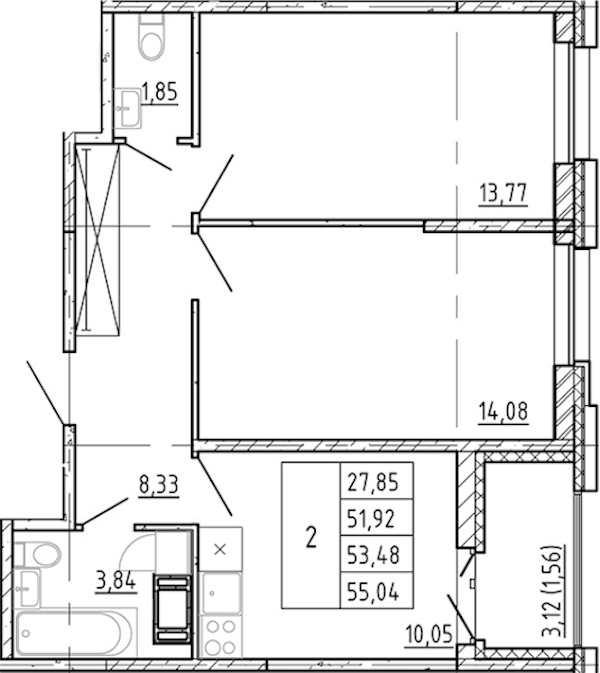 2-комнатная квартира 51.92 м², 10/12 эт., ЖК «Полис Новоселье»